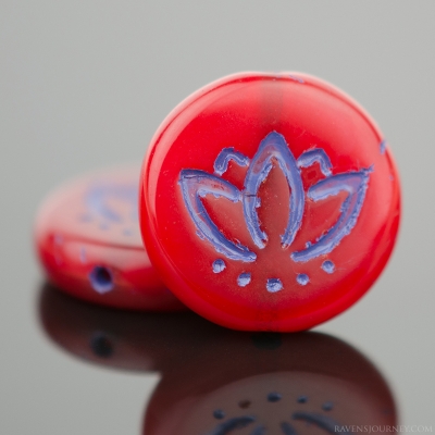 Coin with Lotus Flower (14mm) Red Opaline with Purple Wash 3 Strands of 12 Beads per Unit *Last Unit Remaining*