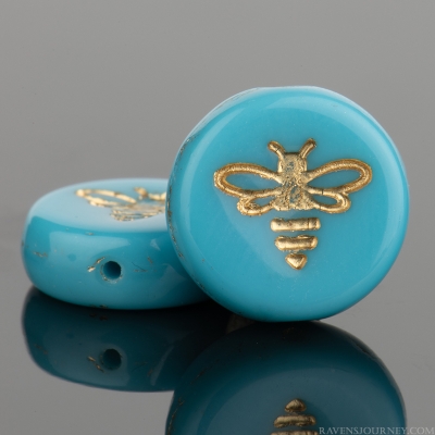 Pressed Coin with Bee (12mm) Turquoise Blue Opaque with Gold Wash 9 Strands of 12 Beads per Unit *Last Unit Remaining*