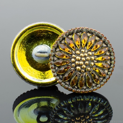 (18mm) Round Sunflower Golden Orange Antiqued with Gold Paint 4 Button Minimum Order *Last Unit Remaining*