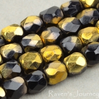 Round Faceted (4mm) Jet Opaque with Gold Half-Coat