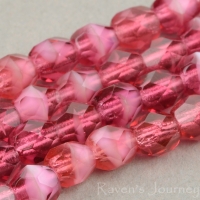 Round Faceted (4mm) Fuchsia White Core Transparent Opaque
