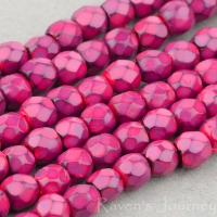 Round Faceted (3mm) Hot Pink Opaque with Jet Honeycomb