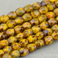 Round Faceted (3mm) Mustard Orange Opaque with Picasso