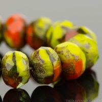 Rondelle (9x6mm) Gaspeite, Orange Opaque and Olivine Transparent Mix with Picasso Finish