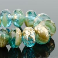 Rondelle (7x5mm) Aqua Blue Transparent and Ivory Opaque Mix with Antique Gold Finish