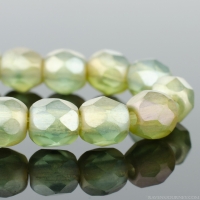 Round Faceted (4mm) Sage Green Transparent Matte with Golden Green Luster