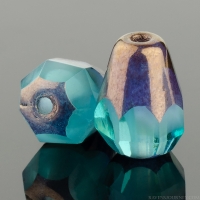 Faceted Drop - Bottom Cut (8x6mm) Aqua Green Transparent with White Opaque Core and Purple Bronze Finish