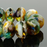 Rondelle (9x6mm) Aqua Blue, Amber Transparent, and Ivory Opaque Mix with Picasso Finish