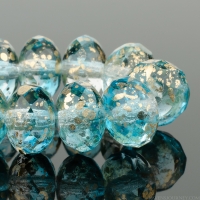 Rondelle (9x6mm) Aqua Blue and Crystal Transparent Mix with Antique Gold Finish
