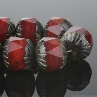 Center Faceted Cruller (10x10mm) Red Opaline with Picasso Finish