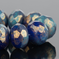 Rondelle (9x6mm) Turquoise Opaque and Cobalt Transparent Mix with Gold Marbled Luster