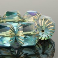 Center Faceted Cruller (10x10mm) Aqua Transparent with Aurora Borealis Finish and Gold Wash