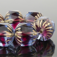 Center Faceted Cruller (10x10mm) Sapphire Blue with Fuchsia Pink Core Transparent with Gold Wash