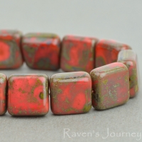 Pressed Square (9mm) Coral Red Opaque with Picasso Fullcoat