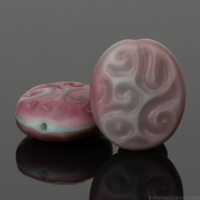 Oval with Carved Swirl (16X14mm) Fucshia Pink Silk over Seafom Green Opaque Mix