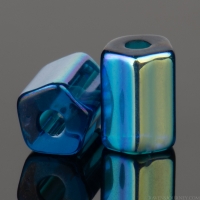 Five Sided Rice Bead (6x4mm) Teal Blue Transparent with Aurora Borealis Half Coat Finish