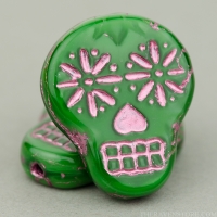 Sugar Skull (20x17mm) Green Silk with Pink Wash