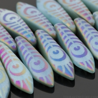 Medium Dagger (16x5mm) Blue Opaline Matte with Rainbow Finish and Laser Etched Peacock Feather Design