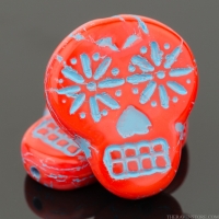 Sugar Skull (20x17mm) Coral Red Opaque with Turquoise Wash