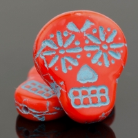 Sugar Skull (20x17mm) Coral Red Opaque Light with Turquoise Wash