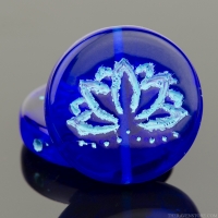 Coin with Lotus Flower (18mm) Cobalt Blue Transparent with Turquoise Wash