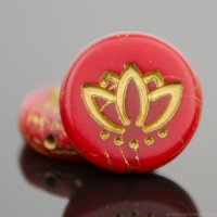 Coin with Lotus Flower (14mm) Red Opaline Matte with Gold Wash