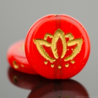 Coin with Lotus Flower (14mm) Burnt Orange Opaline with Gold Wash