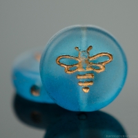Pressed Coin with Bee (12mm) Bright Capri Blue Transparent with Dark Bronze Wash