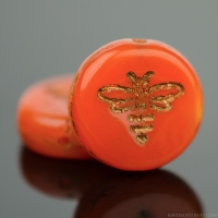 Pressed Coin with Bee (12mm) Orange Opaline with Dark Bronze Wash