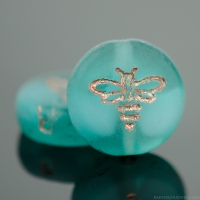 Pressed Coin with Bee (12mm) Aqua Blue Vaseline Transparent (I) with White Opaque Core Matte with Copper Wash