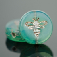 Pressed Coin with Bee (12mm) Aqua Blue Vaseline Opaline with Platinum Wash