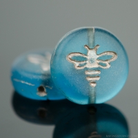 Pressed Coin with Bee (12mm) Aqua Blue Transparent Matte with Platinum Wash