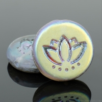 Coin with Lotus Flower (14mm) Aqua Transparent Matte with Gold and Pink Iridescent Half Coat Finish