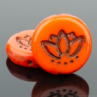 Coin with Lotus Flower (14mm) Orange Opaque with Dark Bronze Wash