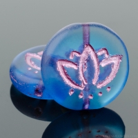Coin with Lotus Flower (14mm) Sapphire Blue Transparent Matte with Pink Wash (2)