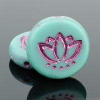 Coin with Lotus Flower (14mm) Turquoise Opaque with Pink Wash