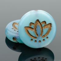 Coin with Lotus Flower (14mm) Aqua Blue Silk with Dark Bronze Wash