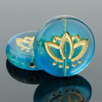 Coin with Lotus Flower (14mm) Deep Aqua Blue Transparent Matte with Gold Wash