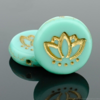 Coin with Lotus Flower (14mm) Turquoise Opaque Matte with Gold Wash (2)