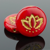 Coin with Lotus Flower (14mm) Deep Red Opaline with Gold Wash