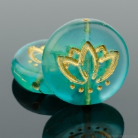 Coin with Lotus Flower (14mm) Aqua Green Transparent Matte with Gold Wash