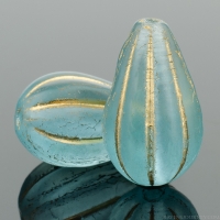 Melon Drop (13x8mm) Light Aqua Blue Transparent Matte with Gold Wash