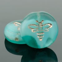Pressed Coin with Bee (12mm) Aqua Blue Vaseline Transparent with White Core and Copper Wash