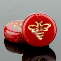 Pressed Coin with Bee (12mm) Red Opaline with Gold Wash