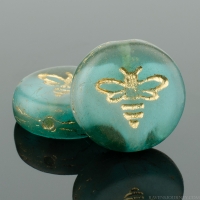 Pressed Coin with Bee (12mm) Aqua Blue Transparent with White Core Matte with Gold Wash