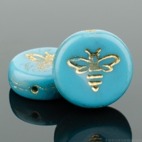 Pressed Coin with Bee (12mm) Turquoise Blue Opaque with Gold Wash