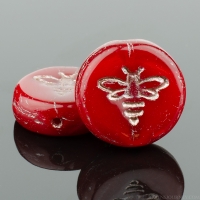 Pressed Coin with Bee (12mm) Red Opaline with Platinum Wash