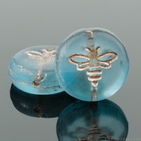 Pressed Coin with Bee (12mm) Aqua Blue (Light) Transparent with Platinum Wash