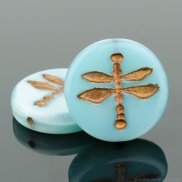 Pressed Coin with Dragonfly (18mm) Aqua Blue Silk with Dark Bronze Wash