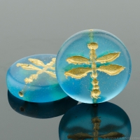 Pressed Coin with Dragonfly (18mm) Capri Blue Transparent Matte with Gold Wash